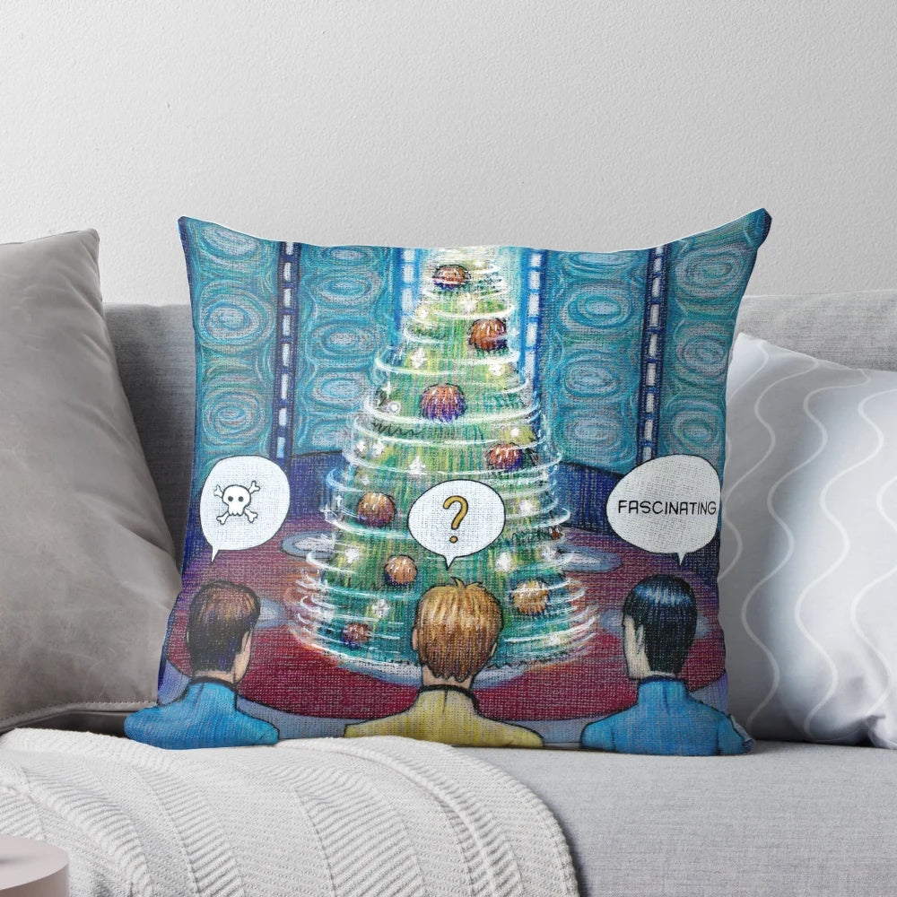 A decorative Star Trek-themed Christmas pillow with the USS Enterprise and iconic characters.