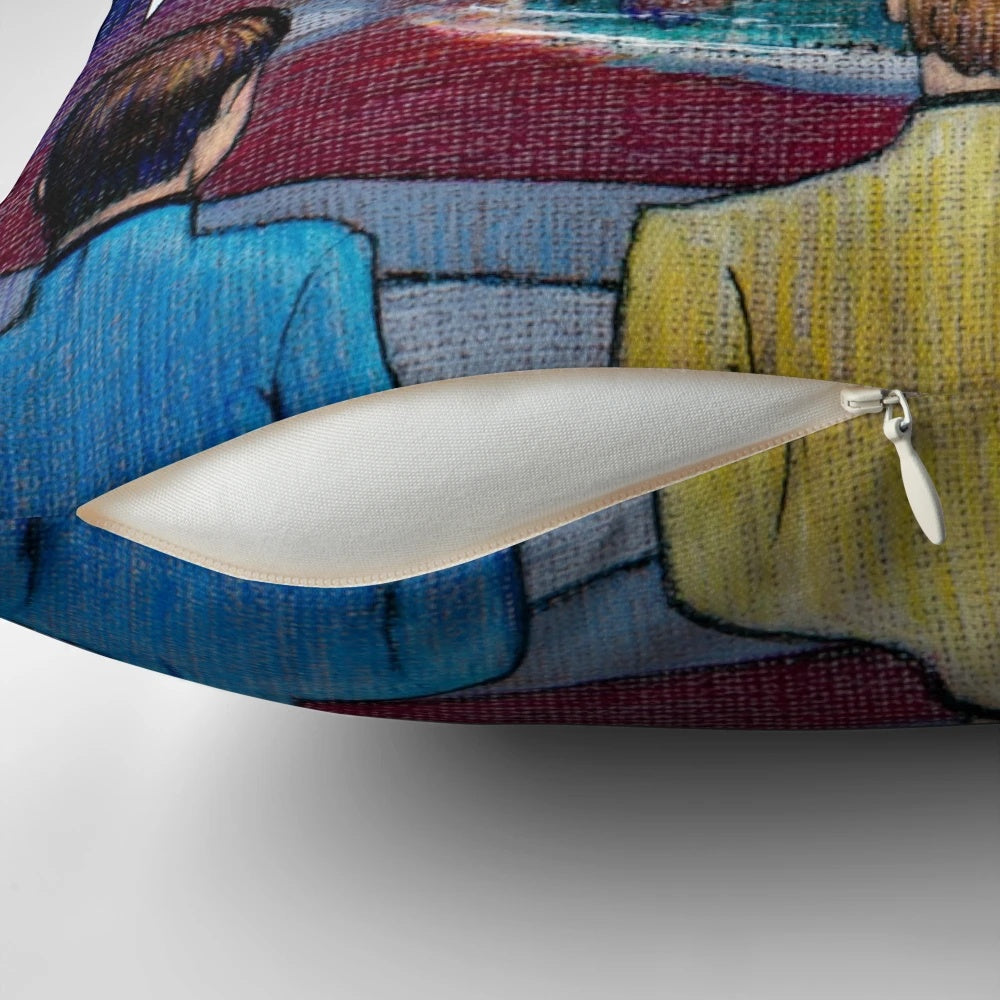 A decorative Star Trek-themed Christmas pillow with the USS Enterprise and iconic characters.