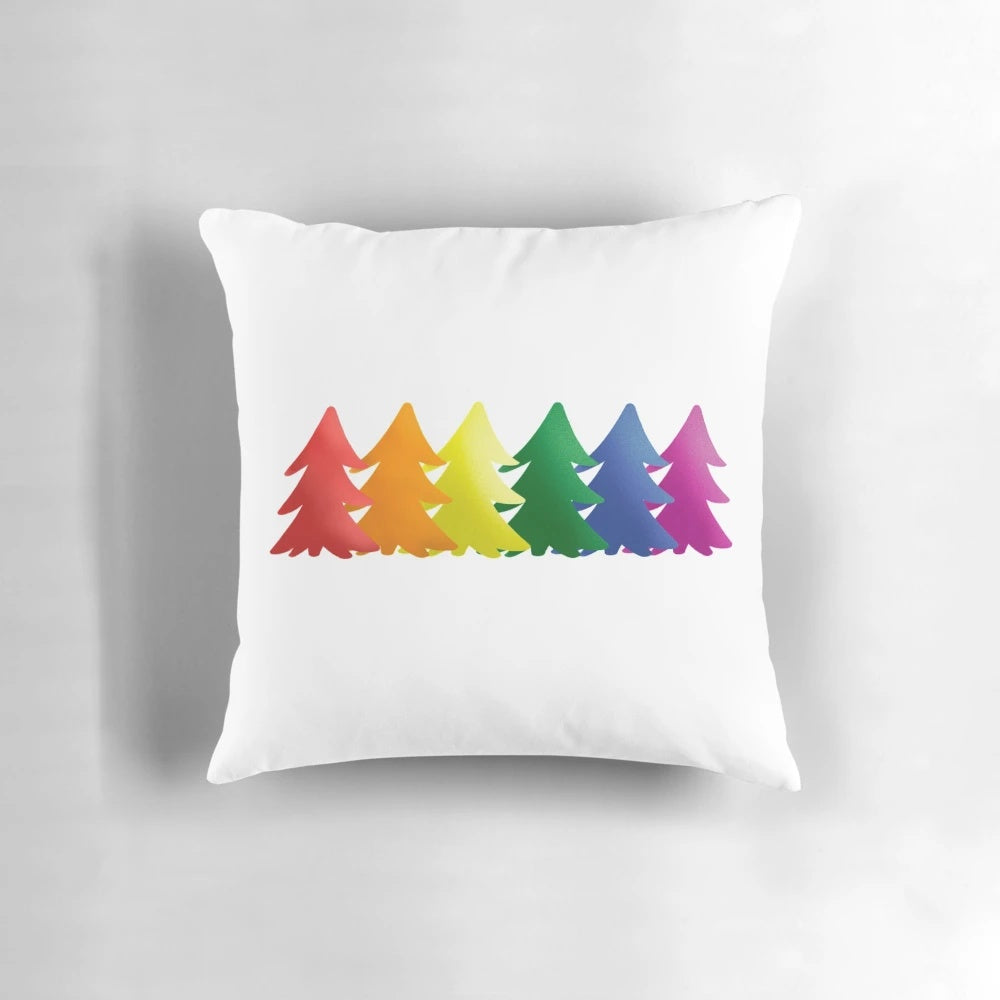 Festive rainbow-colored Christmas tree pillow, perfect for LGBTQ+ pride celebrations.