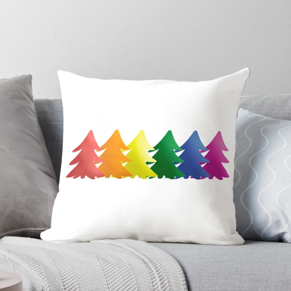 Festive rainbow-colored Christmas tree pillow, perfect for LGBTQ+ pride celebrations.