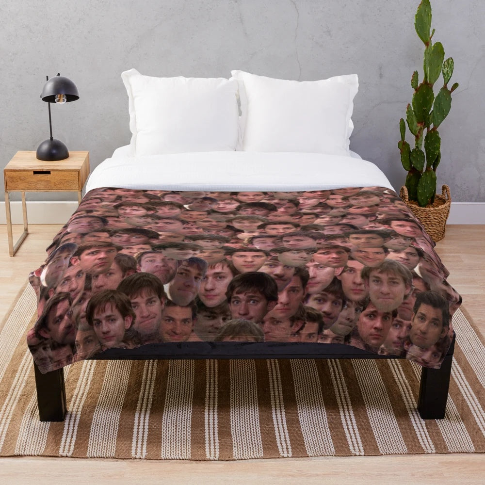 Plush blanket featuring a mashup of Jim Halpert's iconic facial expressions from The Office