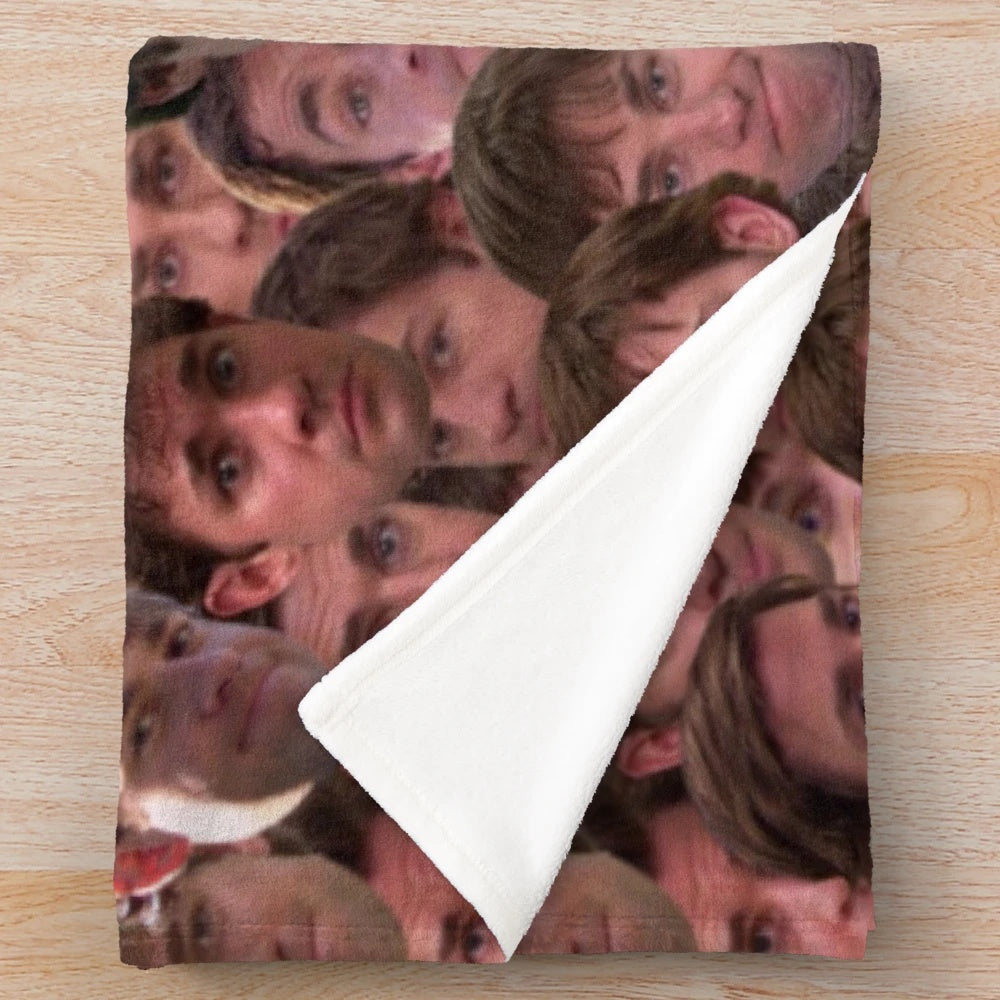 Plush blanket featuring a mashup of Jim Halpert's iconic facial expressions from The Office