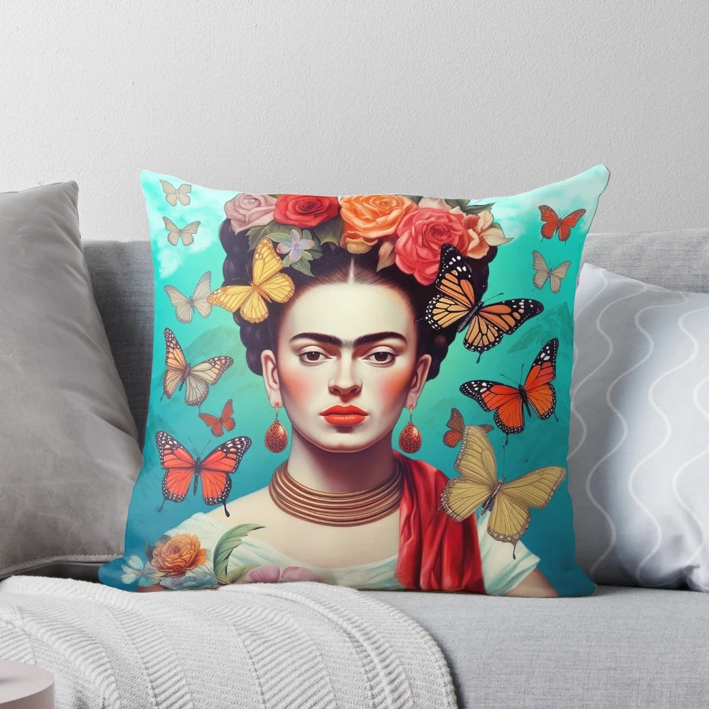 Frida Kahlo Inspired Decorative Pillow with Colorful Artwork