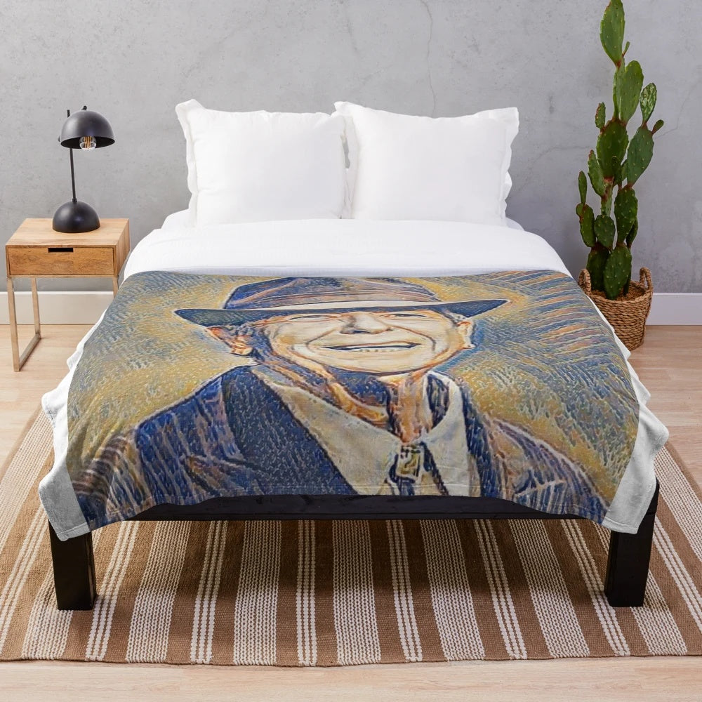 Plush blanket featuring a digital portrait of legendary musician Leonard Cohen