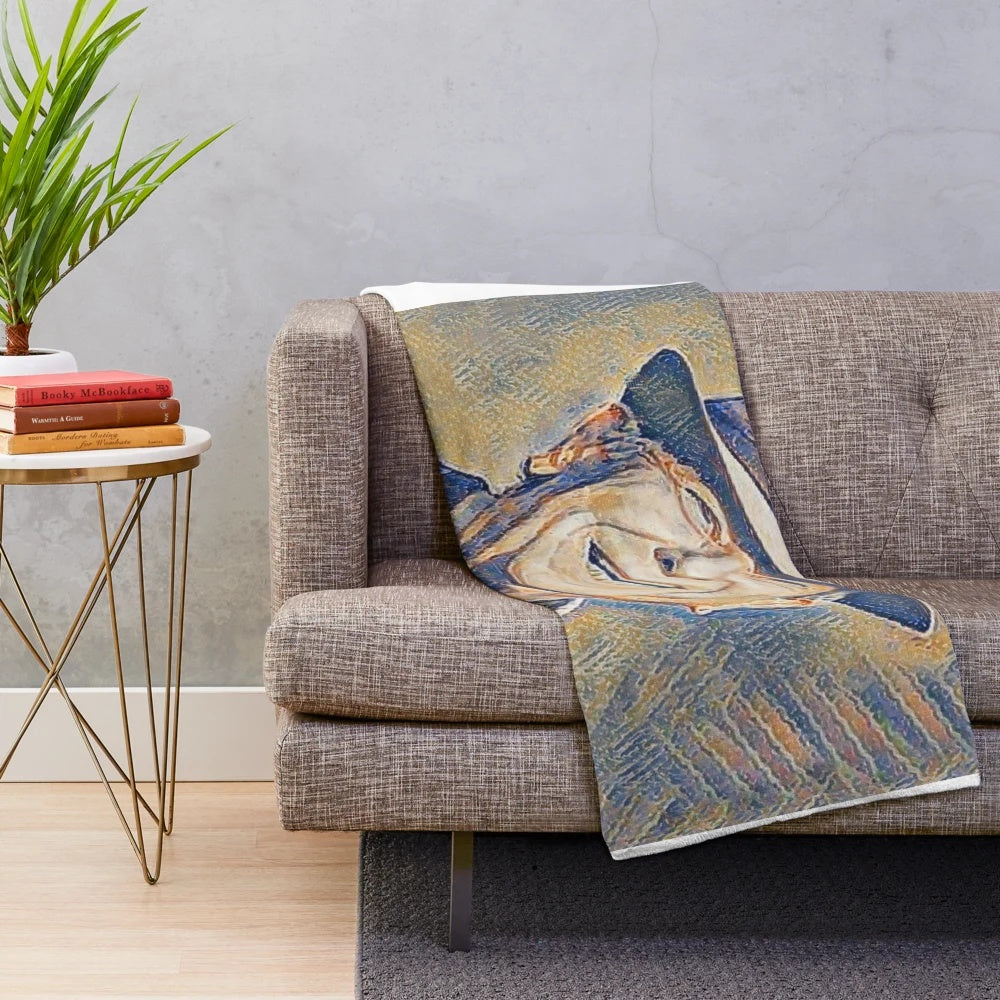 Plush blanket featuring a digital portrait of legendary musician Leonard Cohen