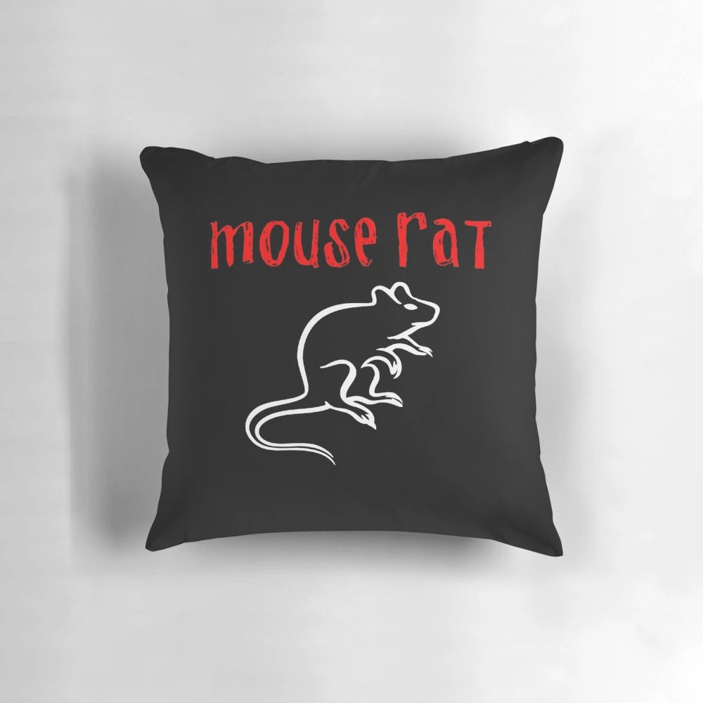 A plush pillow featuring the logo of the fictional band Mouse Rat from the TV series Parks and Recreation.
