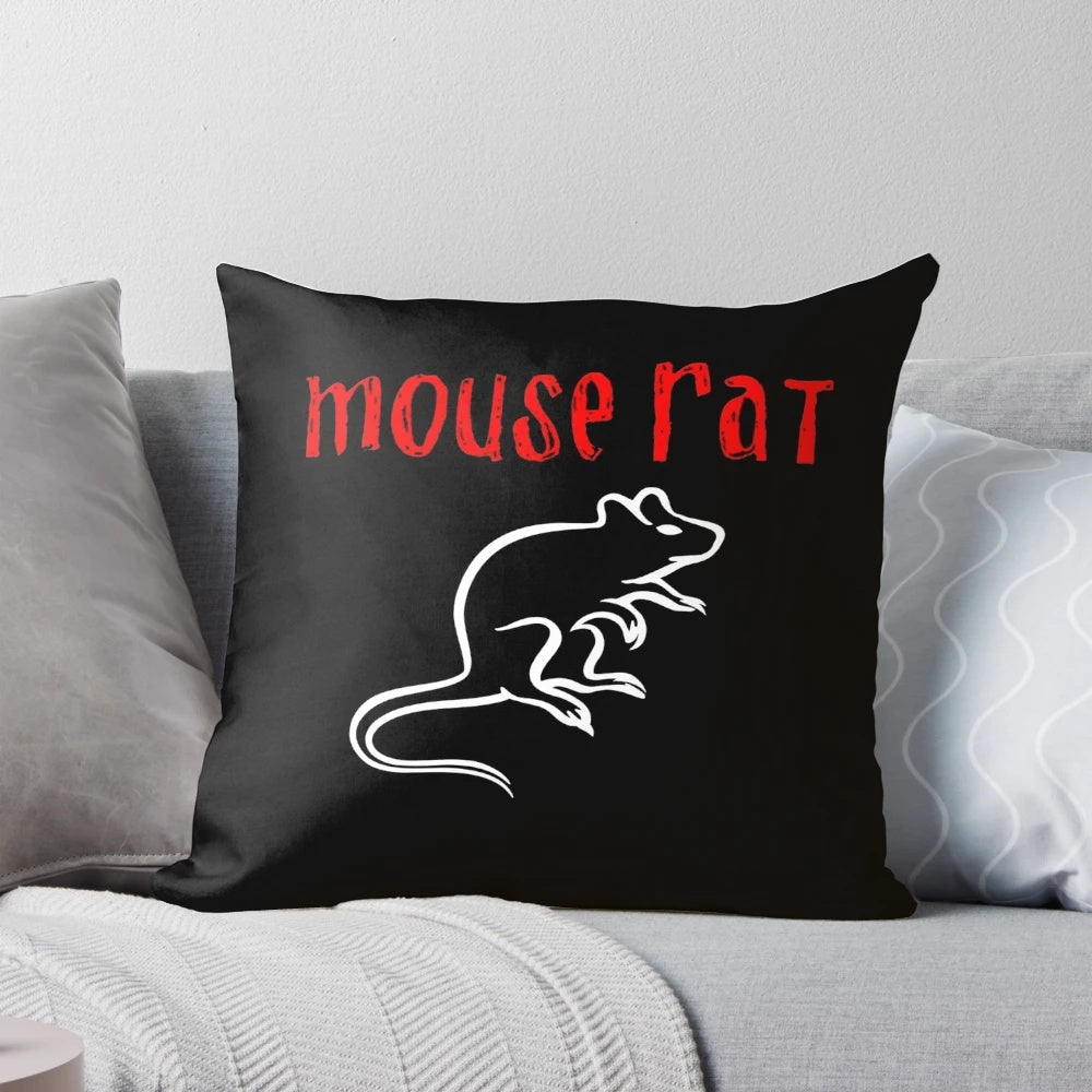 A plush pillow featuring the logo of the fictional band Mouse Rat from the TV series Parks and Recreation.