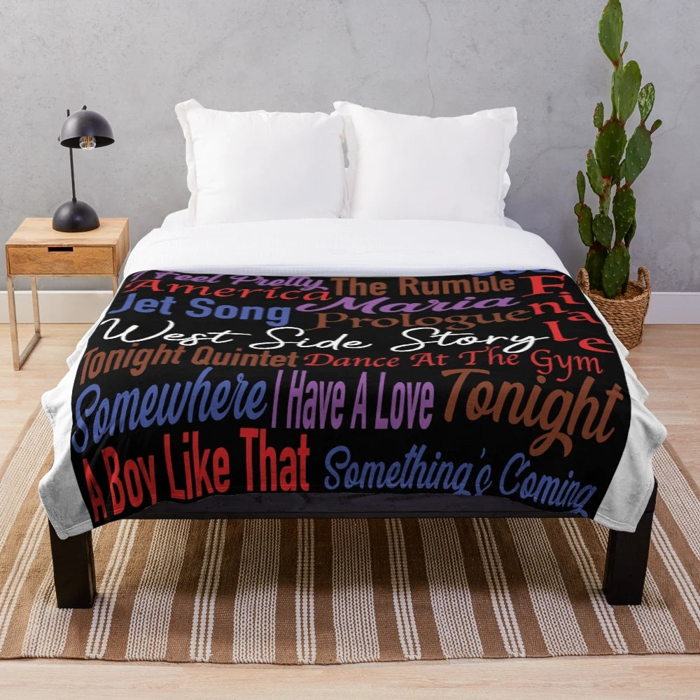 West Side Story-inspired plush blanket featuring song titles