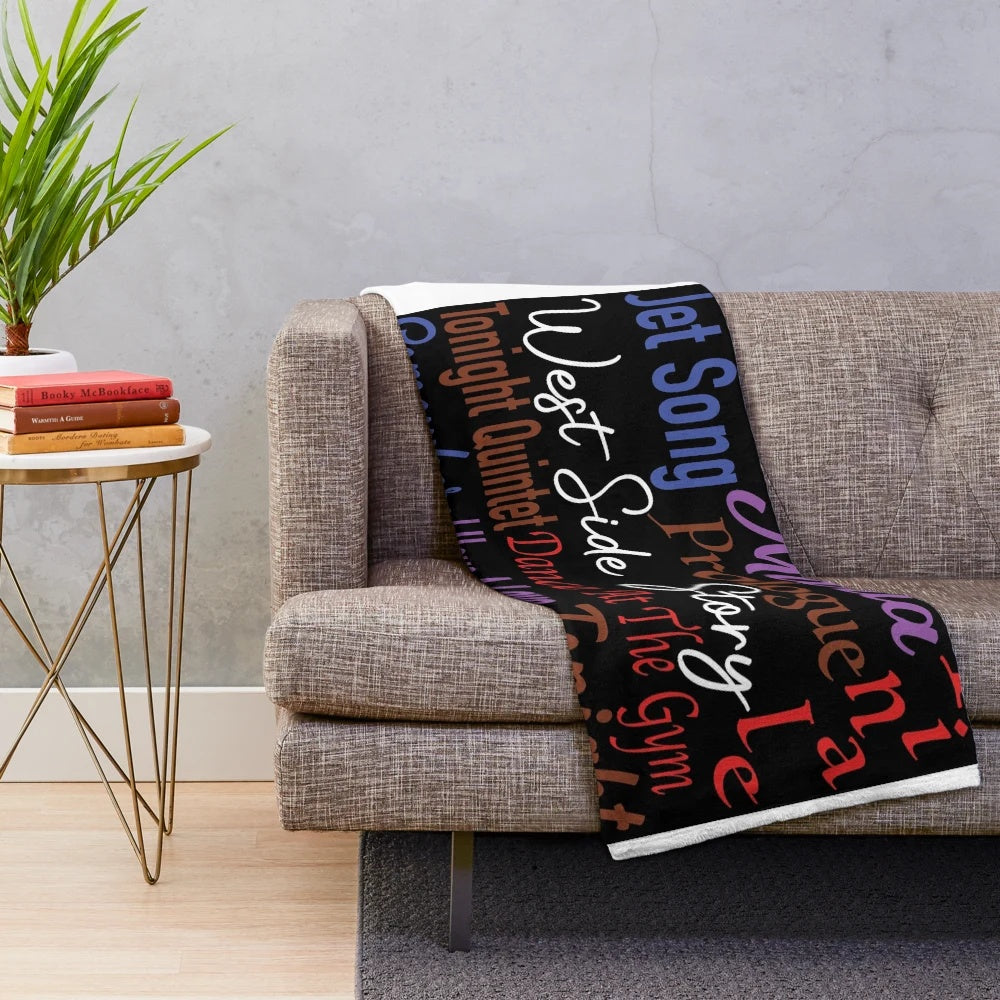 West Side Story-inspired plush blanket featuring song titles
