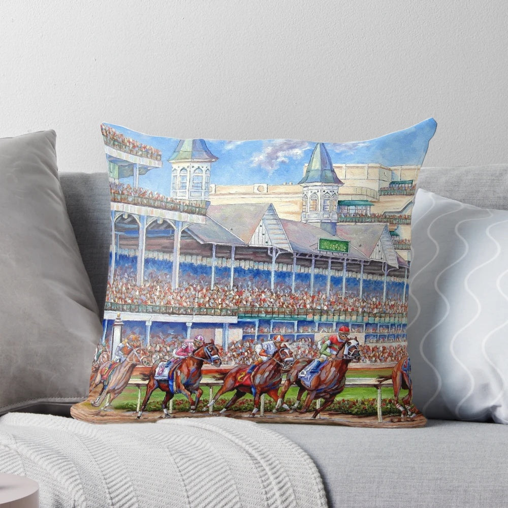 A colorful pillow featuring a painting of horses and jockeys racing at the iconic Churchill Downs racetrack.