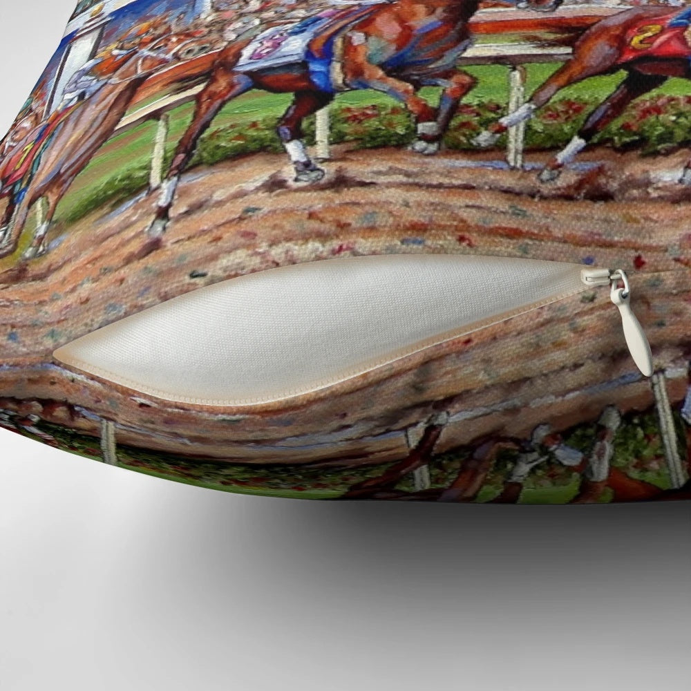 A colorful pillow featuring a painting of horses and jockeys racing at the iconic Churchill Downs racetrack.
