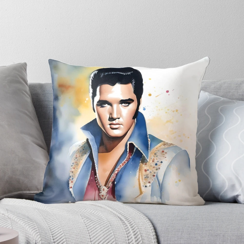 Vibrant watercolor portrait of Elvis Presley, the legendary King of Rock and Roll, perfect for music lovers and Tennessee art enthusiasts.