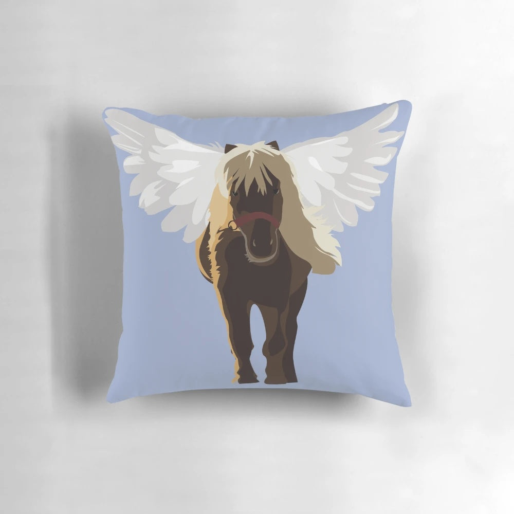 A decorative pillow featuring the beloved miniature horse Lil' Sebastian from the TV show Parks and Recreation.