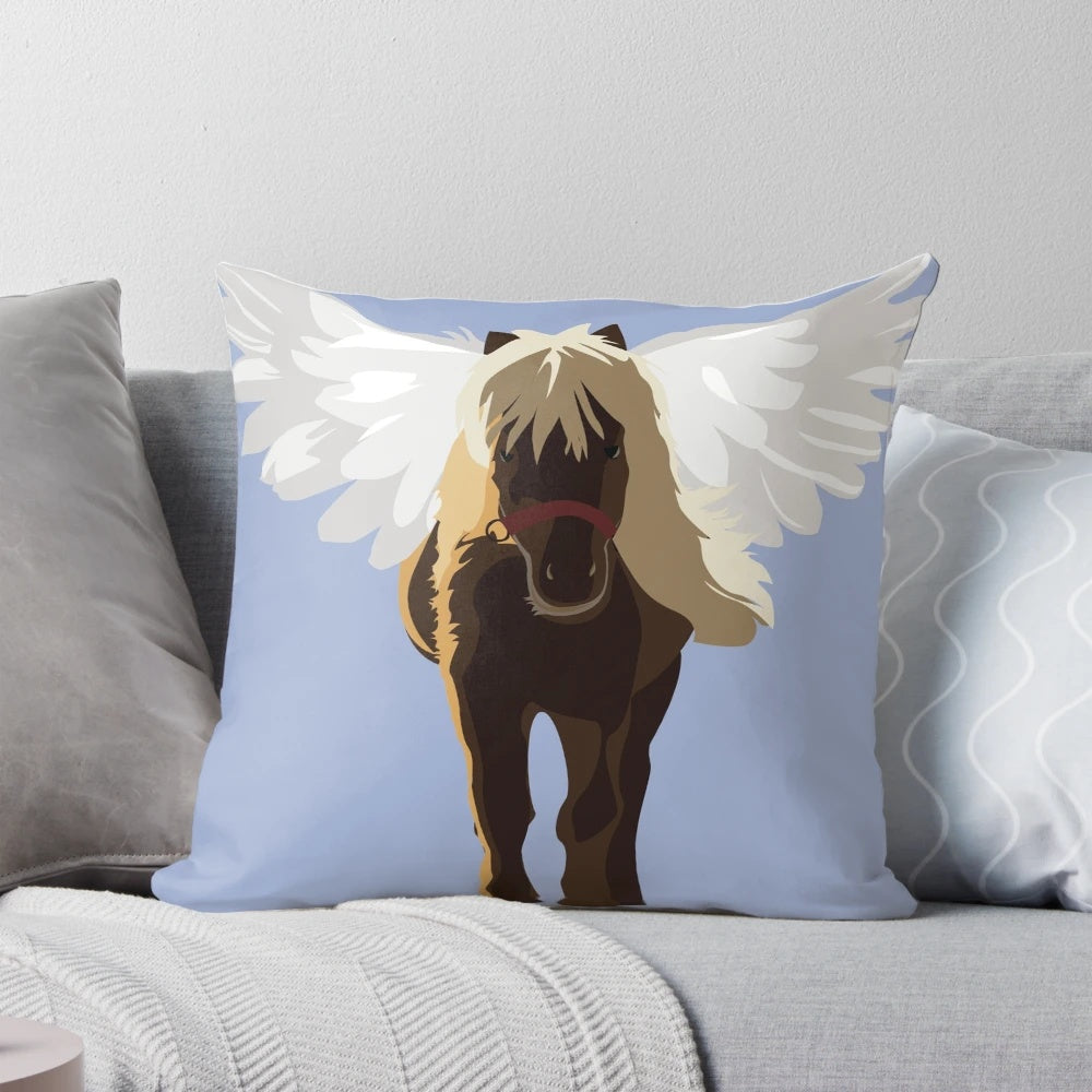 A decorative pillow featuring the beloved miniature horse Lil' Sebastian from the TV show Parks and Recreation.