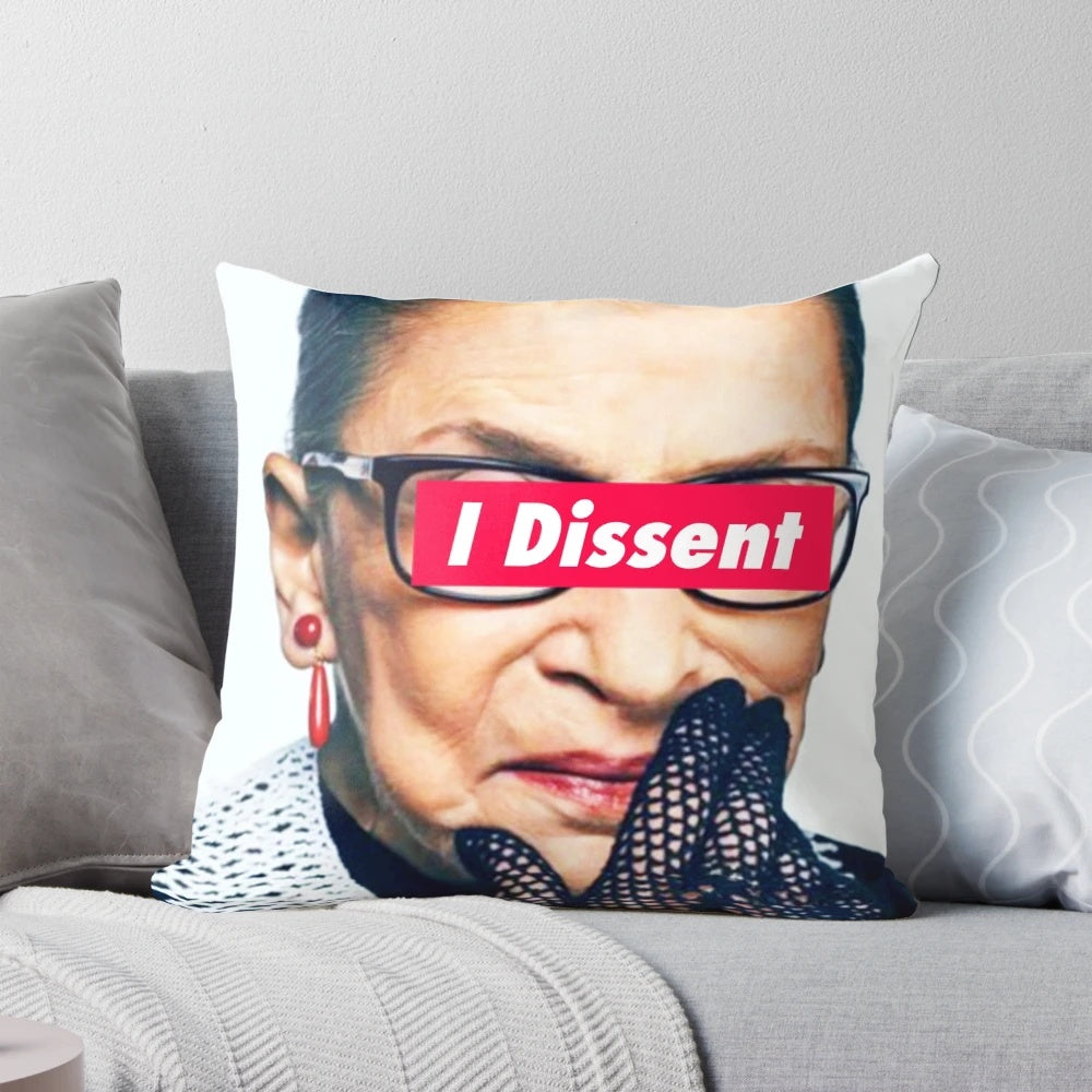 Notorious RBG "I Dissent" Pillow featuring the iconic image of Supreme Court Justice Ruth Bader Ginsburg
