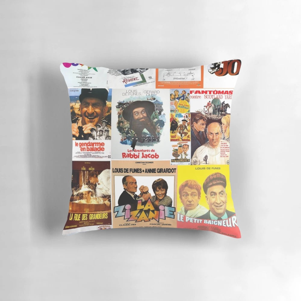 A compilation of movie posters featuring the legendary French actor Louis de Funes on a comfortable pillow