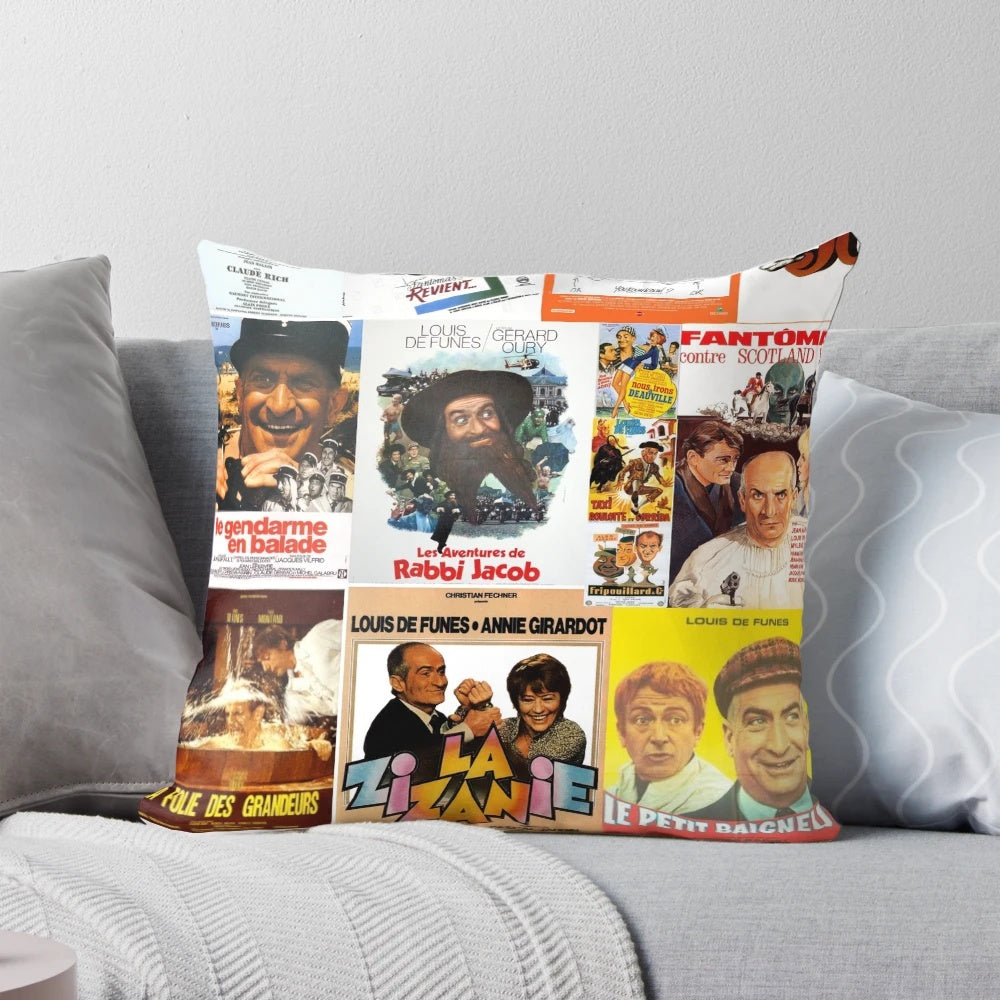 A compilation of movie posters featuring the legendary French actor Louis de Funes on a comfortable pillow