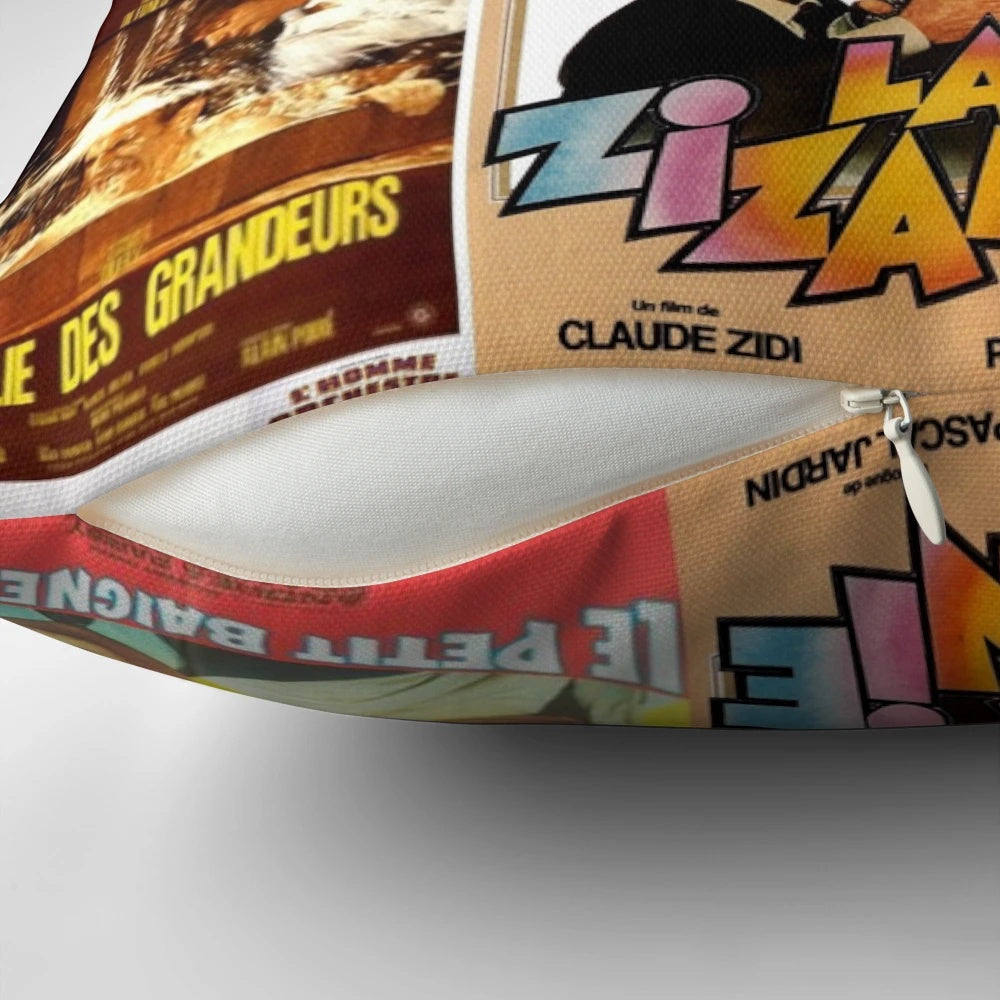 A compilation of movie posters featuring the legendary French actor Louis de Funes on a comfortable pillow
