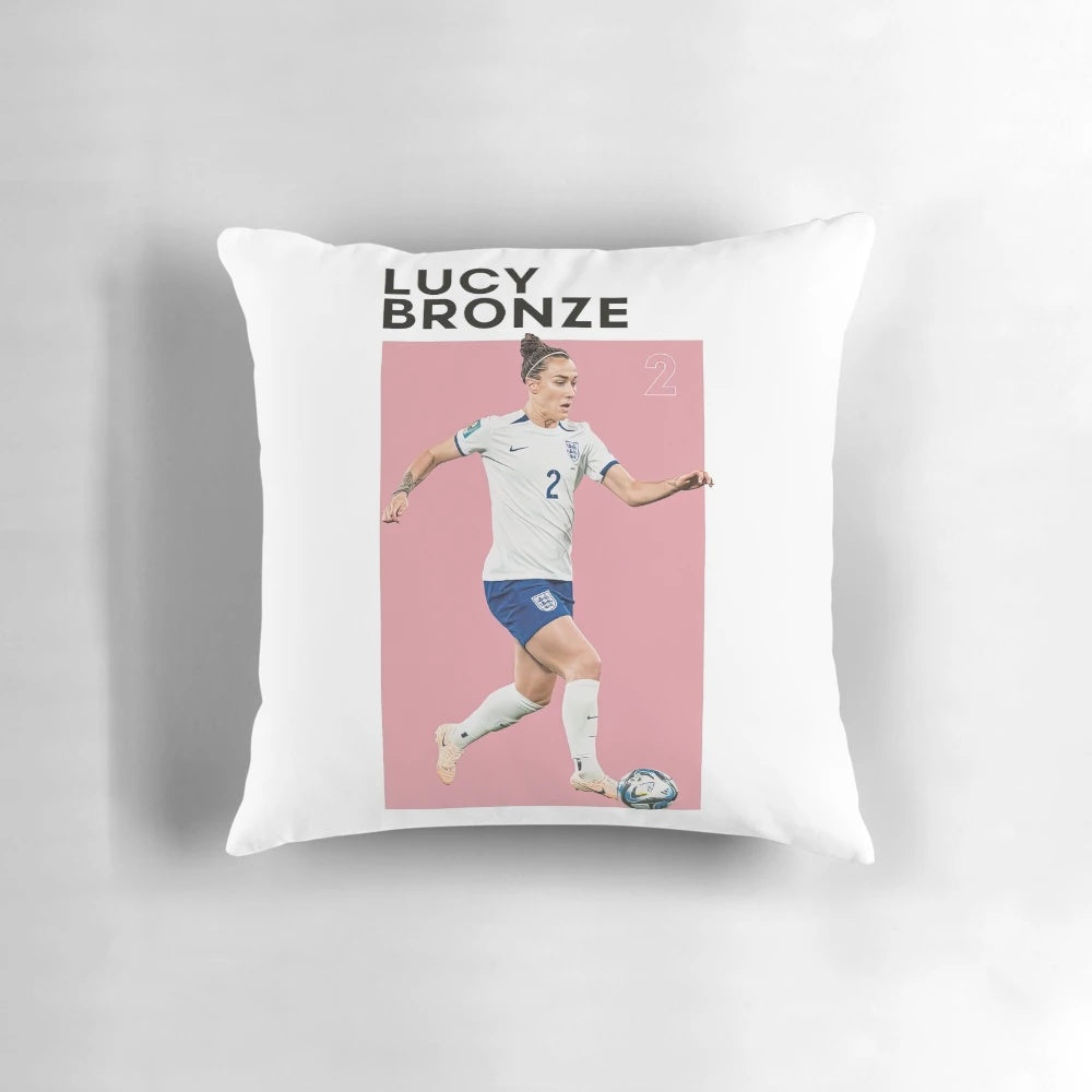 A poster-style pillow featuring the iconic Lucy Bronze of the England Lionesses women's soccer team