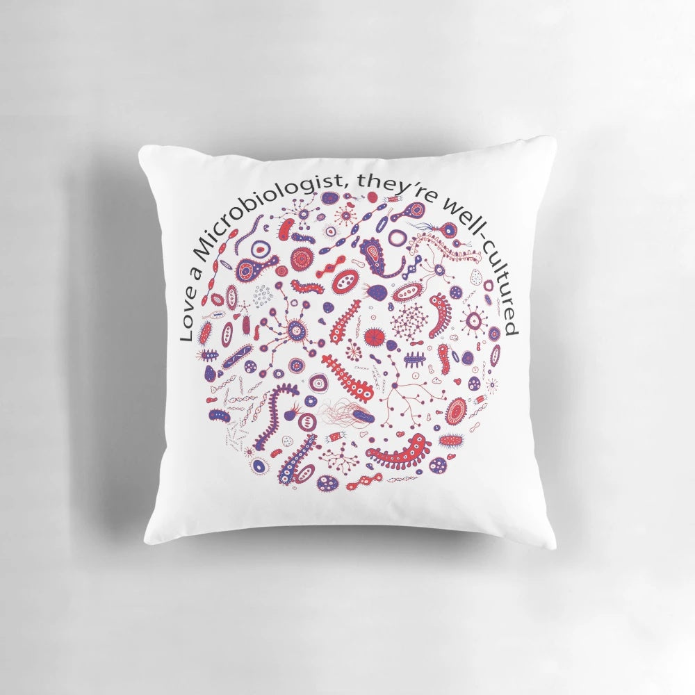 Microbiologist-themed throw pillow with microscopic organisms and bacteria