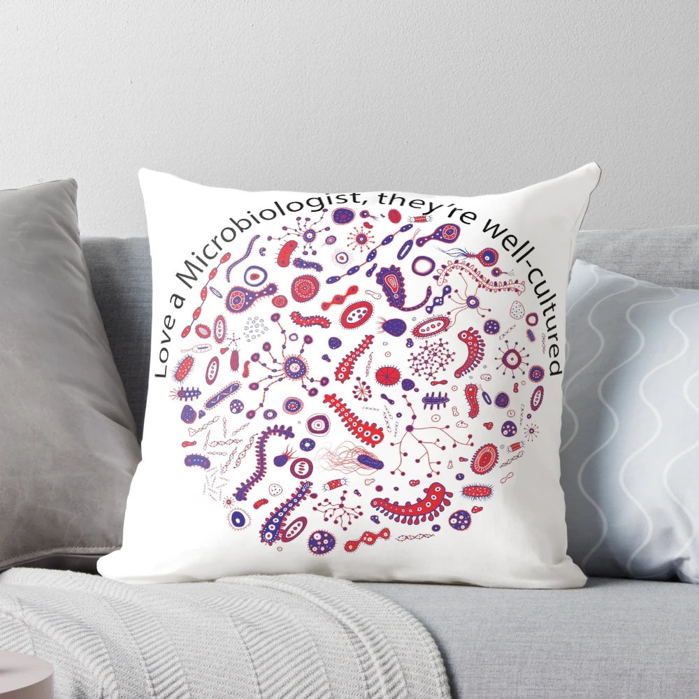 Microbiologist-themed throw pillow with microscopic organisms and bacteria
