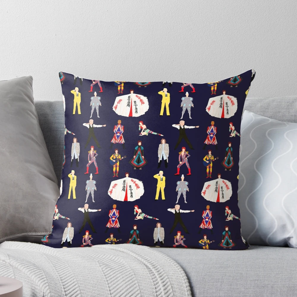 A colorful pillow featuring illustrations of David Bowie's iconic Ziggy Stardust and Let's Dance album covers