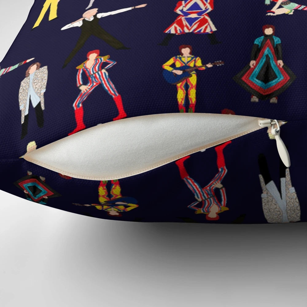 A colorful pillow featuring illustrations of David Bowie's iconic Ziggy Stardust and Let's Dance album covers