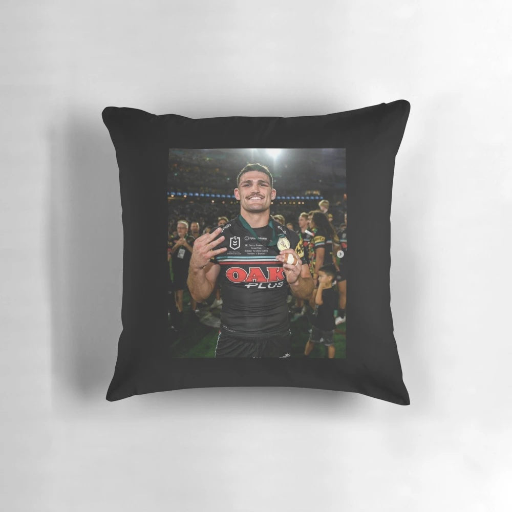 Image of a pillow featuring Nathan Cleary, the star player of the NRL Panthers' 3-peat championship team