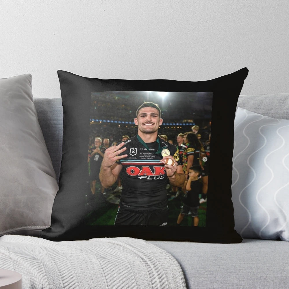 Image of a pillow featuring Nathan Cleary, the star player of the NRL Panthers' 3-peat championship team