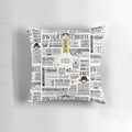 A throw pillow featuring a typographic design with the words "The Wise Words of Dwight Schrute" on a light-colored background.
