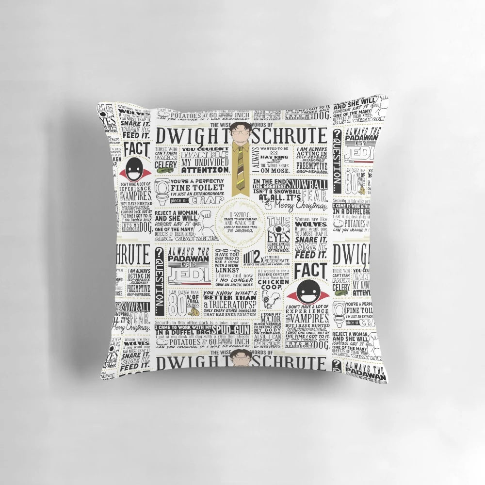 A throw pillow featuring a typographic design with the words "The Wise Words of Dwight Schrute" on a light-colored background.