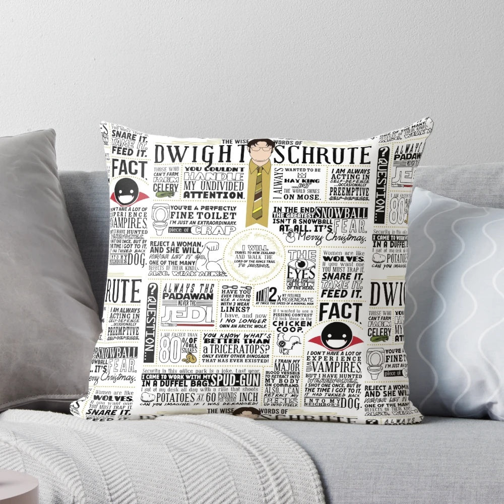 A throw pillow featuring a typographic design with the words "The Wise Words of Dwight Schrute" on a light-colored background.