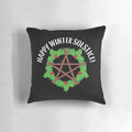 Pagan yule celebration pillow featuring a happy winter solstice graphic design