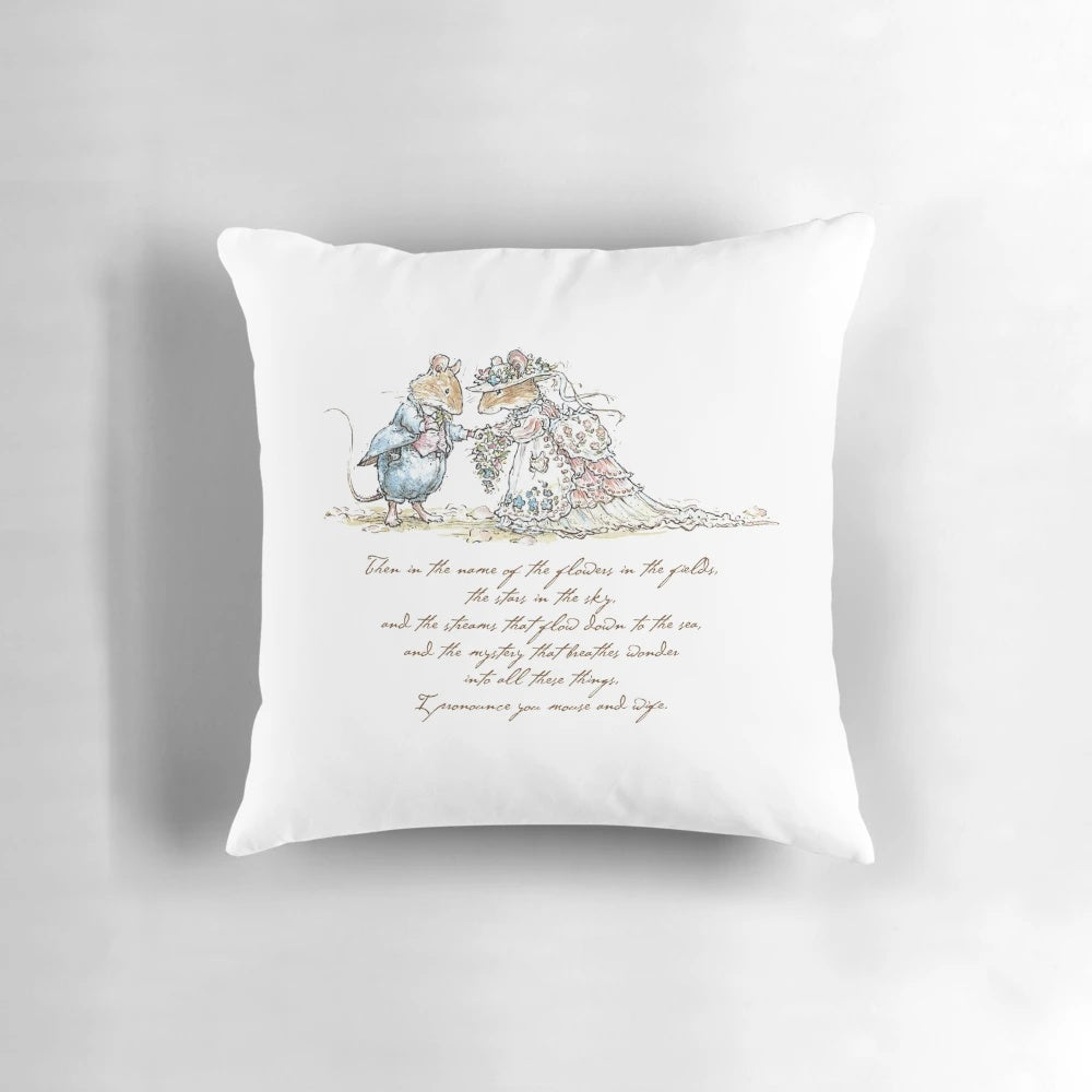 Charming Brambly Hedge mice couple in a wedding ceremony on a plush, colorful pillow