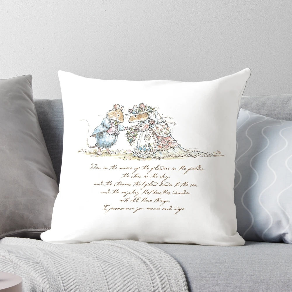 Charming Brambly Hedge mice couple in a wedding ceremony on a plush, colorful pillow