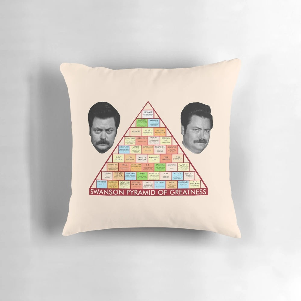 A soft and cozy pillow featuring the Ron Swanson Pyramid of Greatness from the TV series Parks and Recreation.
