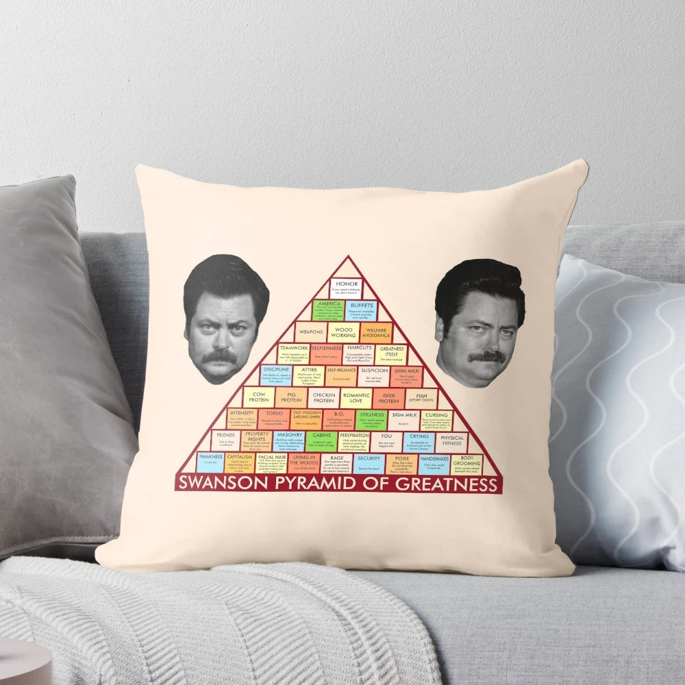A soft and cozy pillow featuring the Ron Swanson Pyramid of Greatness from the TV series Parks and Recreation.