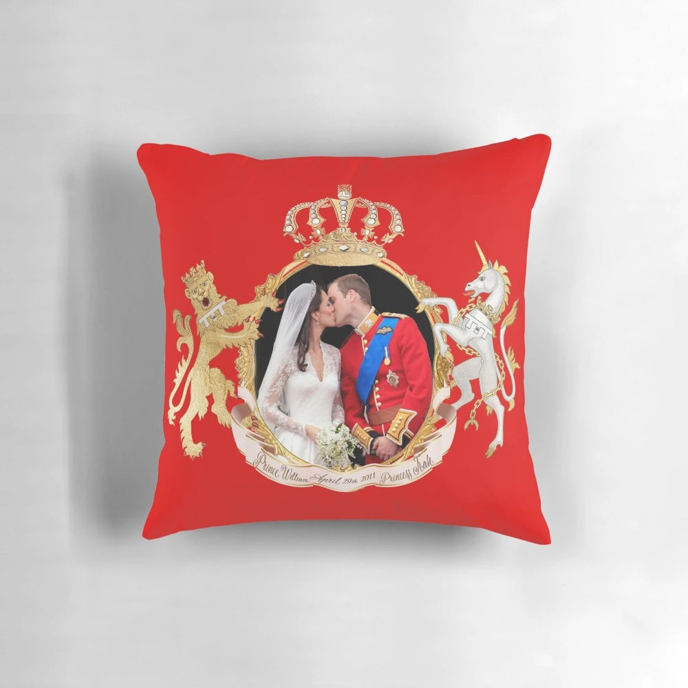 Prince William and Kate Middleton kissing on a decorative pillow