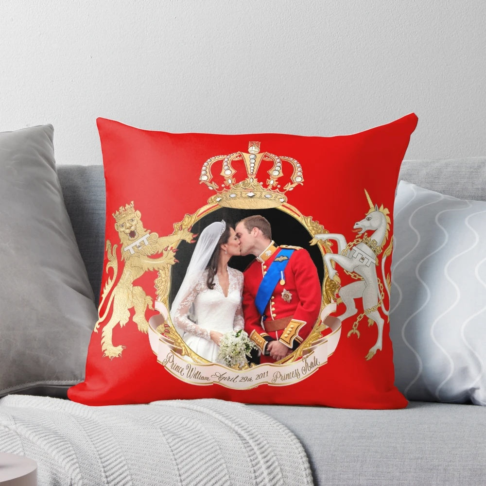 Prince William and Kate Middleton kissing on a decorative pillow