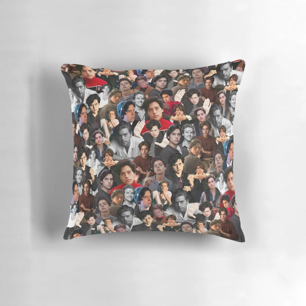 A colorful collage-style throw pillow featuring the stars of Riverdale, the Sprouse twins.