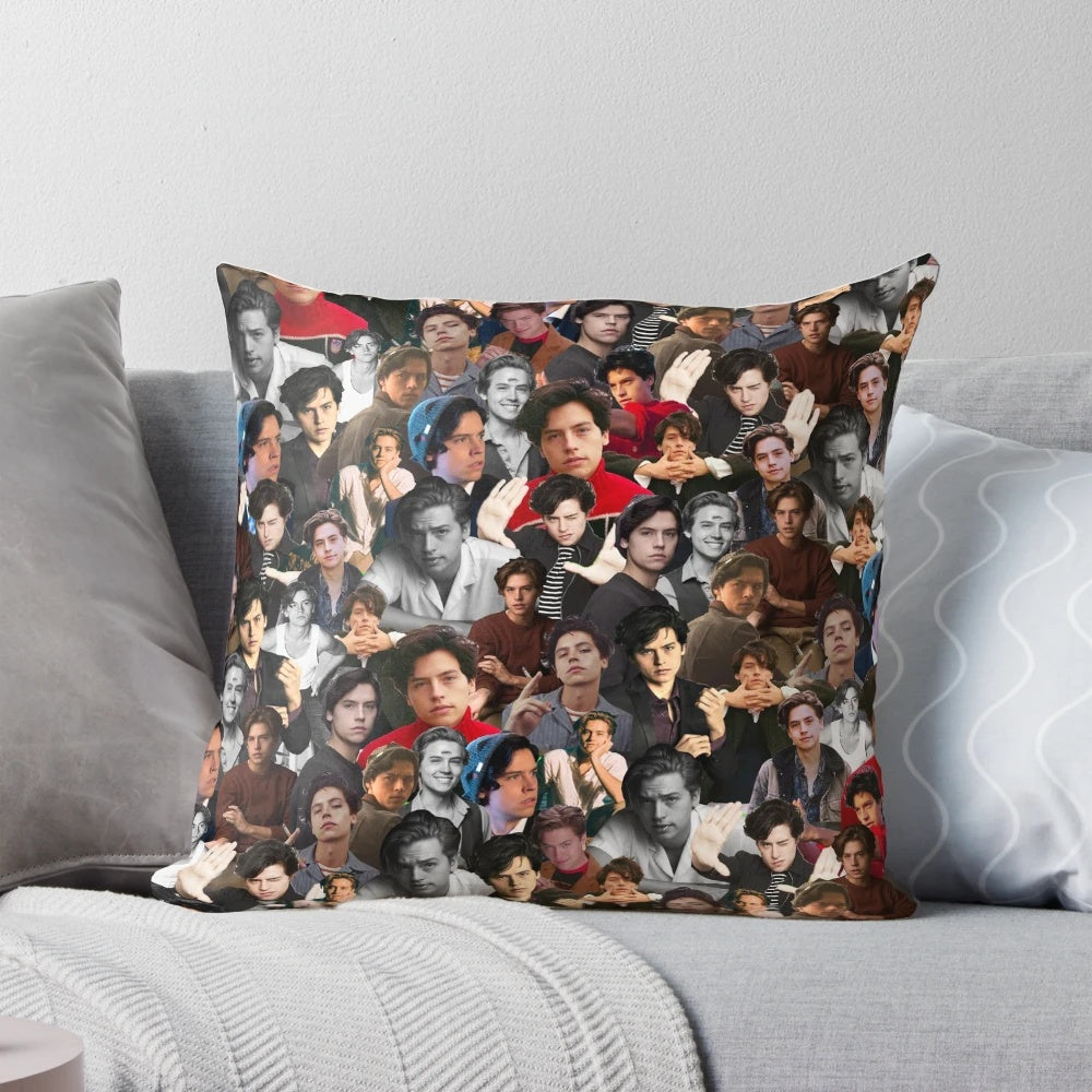 A colorful collage-style throw pillow featuring the stars of Riverdale, the Sprouse twins.