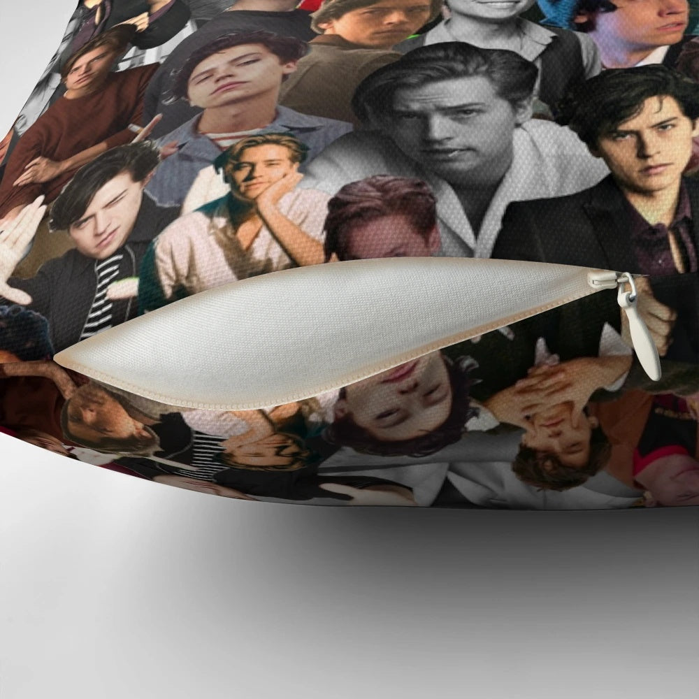 A colorful collage-style throw pillow featuring the stars of Riverdale, the Sprouse twins.