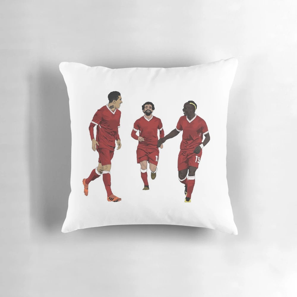 Pillow featuring Liverpool FC stars Mohamed Salah, Sadio Mane, and Roberto Firmino