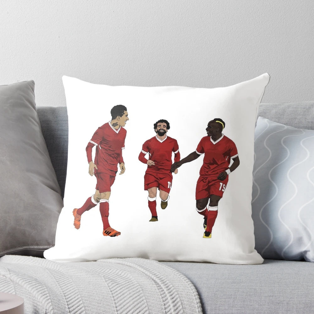 Pillow featuring Liverpool FC stars Mohamed Salah, Sadio Mane, and Roberto Firmino