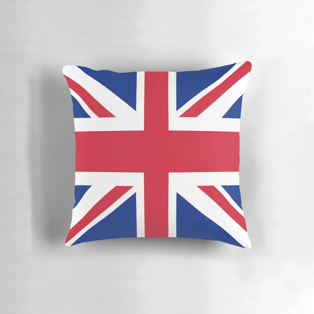Union Jack flag printed on a soft, plush pillow