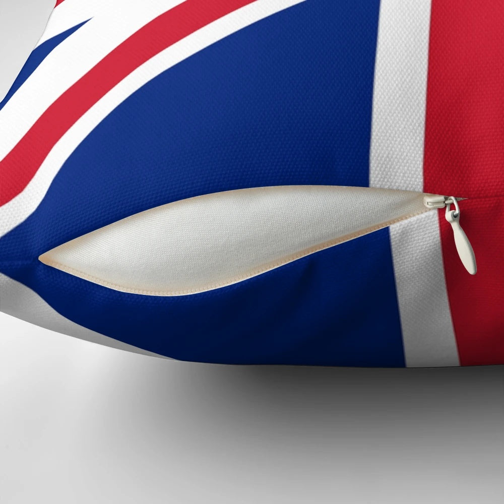 Union Jack flag printed on a soft, plush pillow