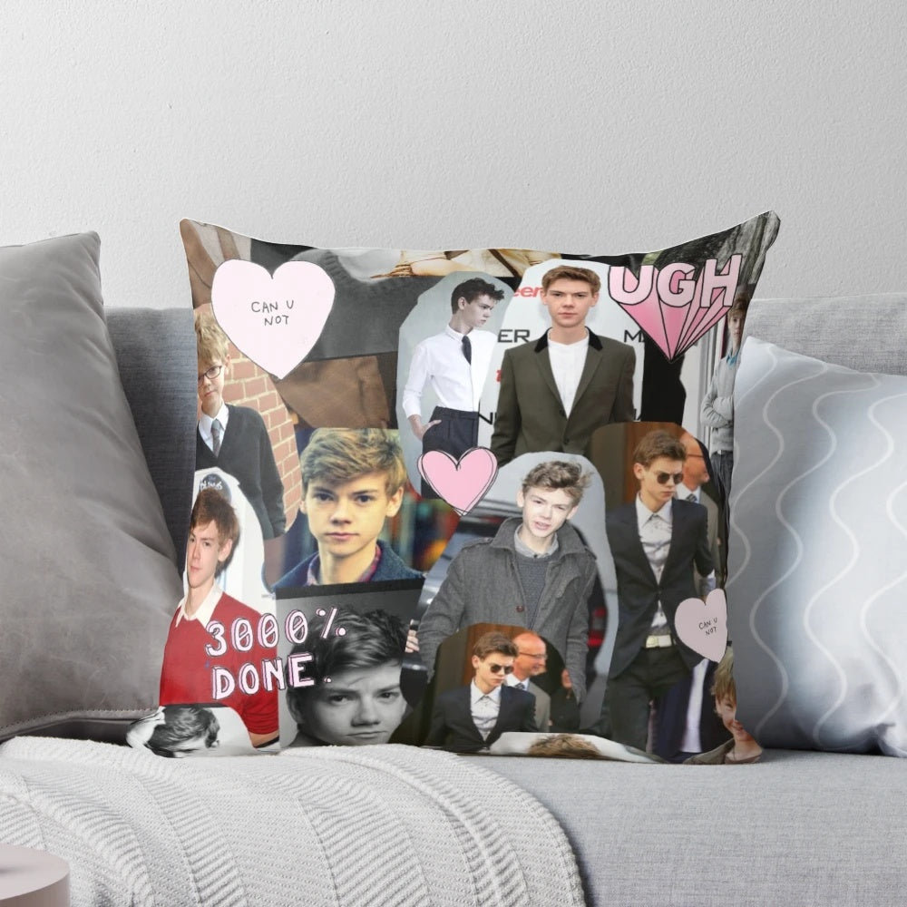Collage pillow featuring images of British actor Thomas Brodie-Sangster from various roles