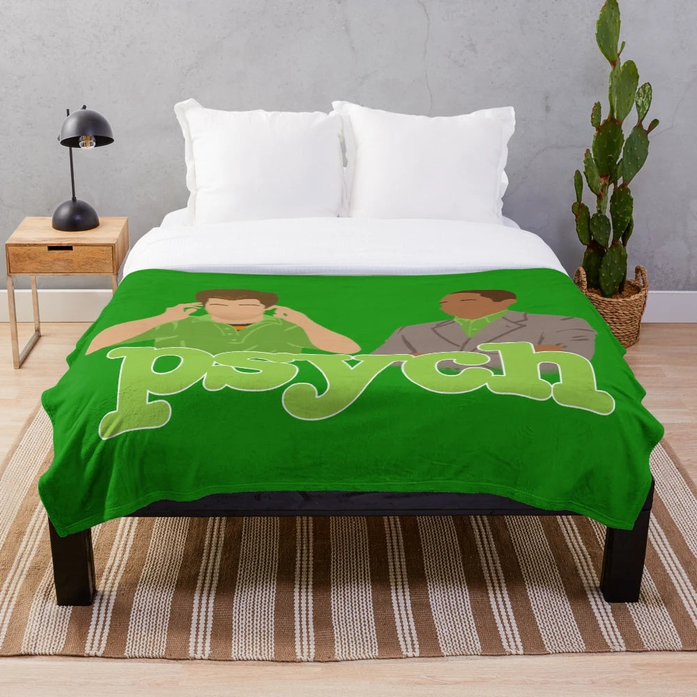 PSYCH Plush Blanket featuring the iconic characters and pineapple design