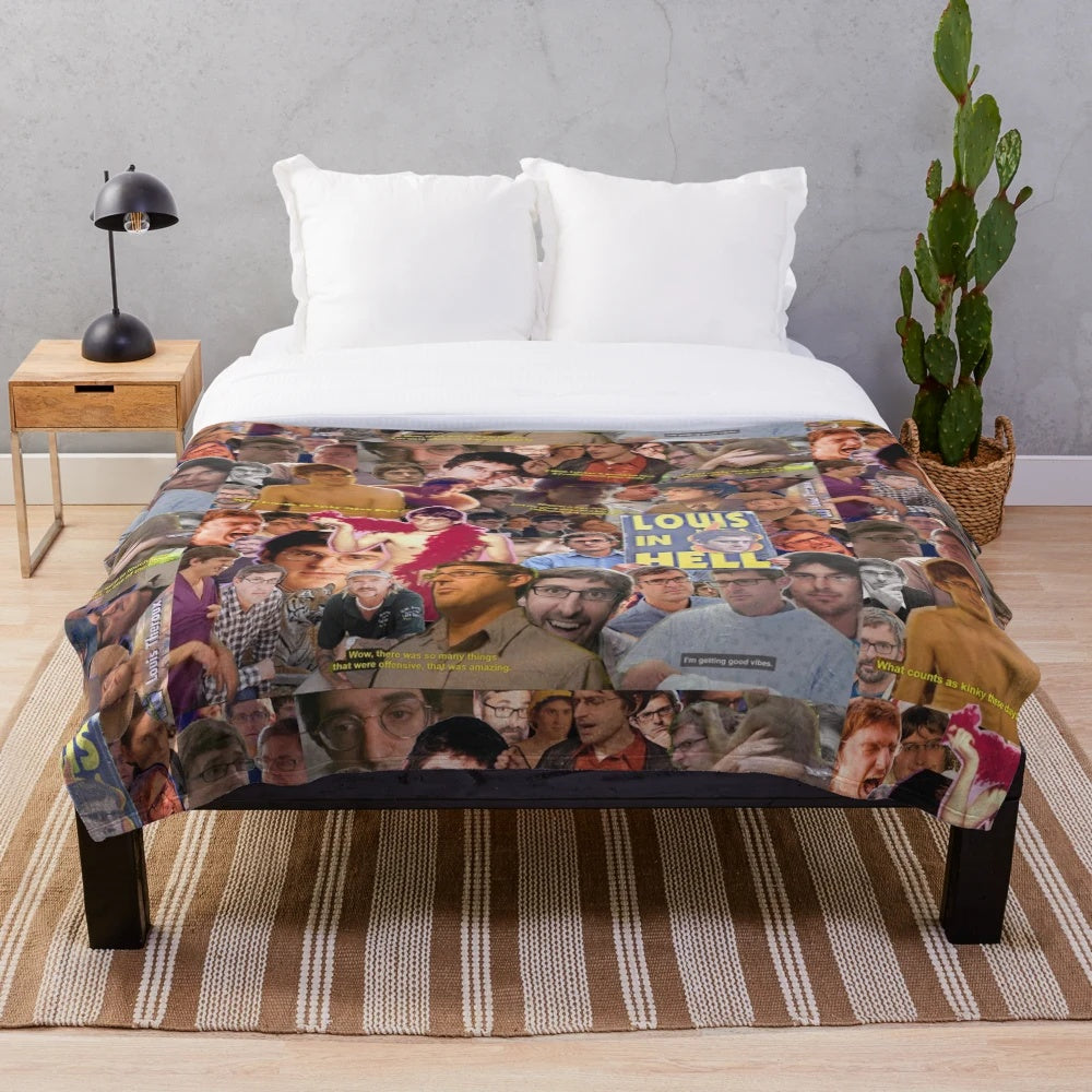 Louis Theroux Plush Blanket featuring a collage of the British television personality