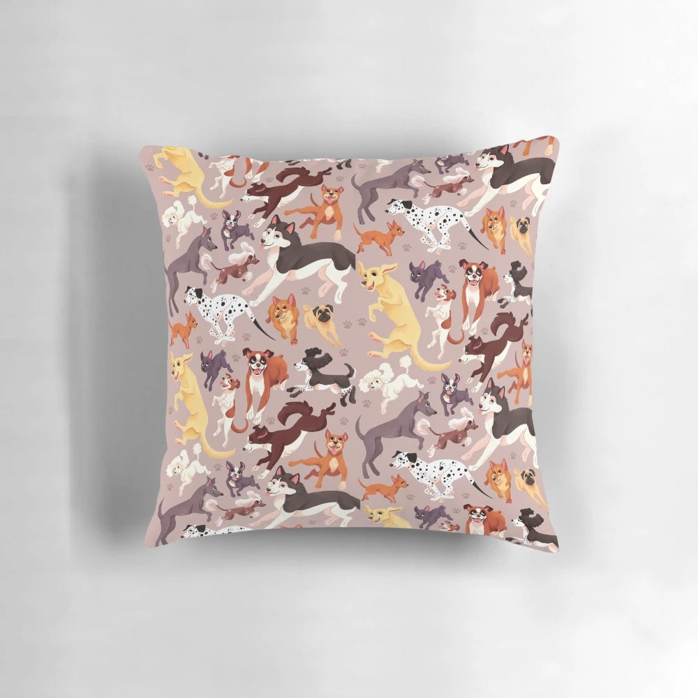 Dog breed pattern illustration pillow showcasing various dog breeds